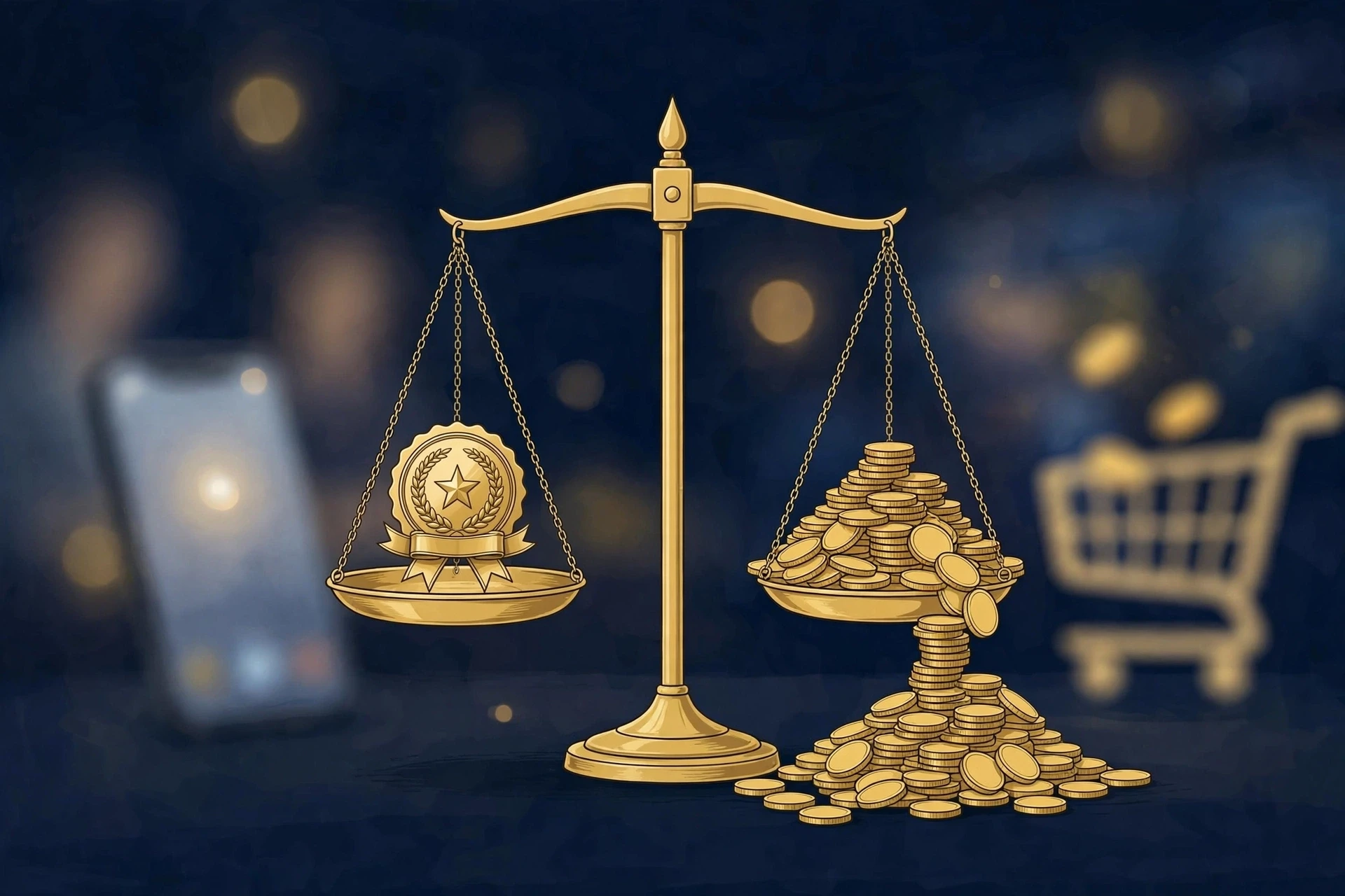 商标侵权惩罚性赔偿新规解读题图：金色天平一端是商标徽章，另一端是叠起的金币，背景为直播间剪影