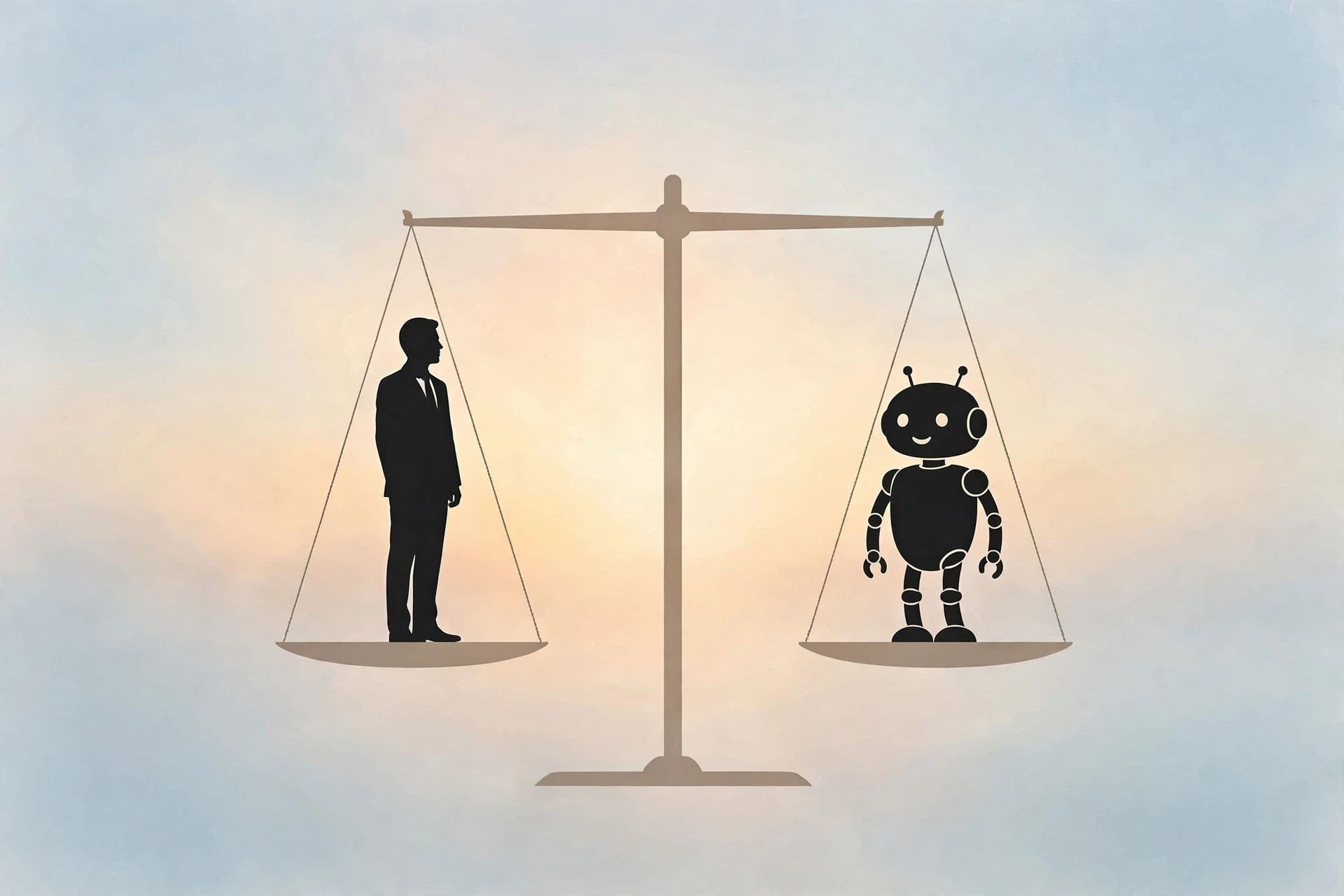 天平上的上班族与机器人：AI替岗下技术进步与劳动者权益的平衡示意