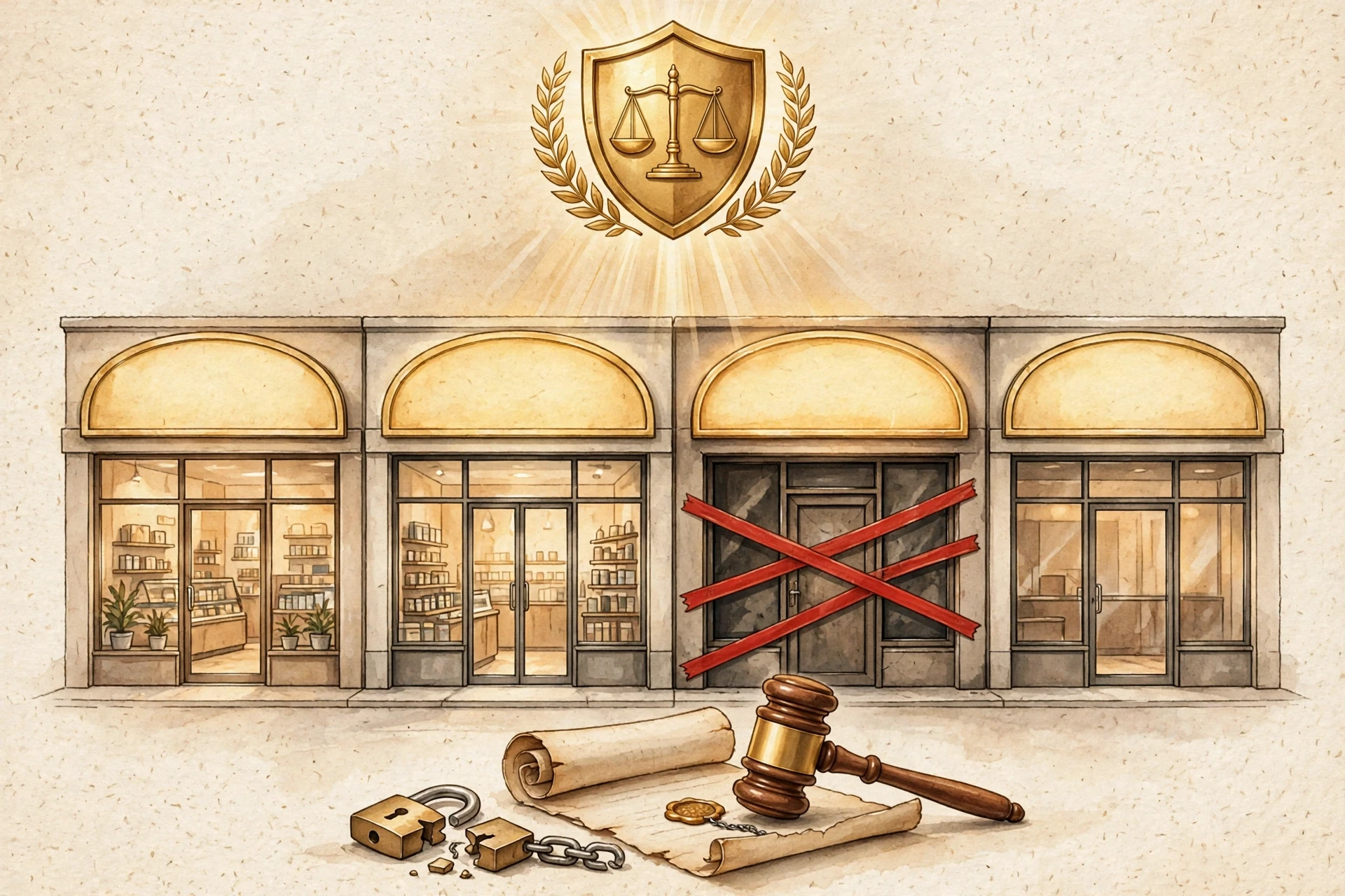 加盟连锁门店法律风险与维权概念插画：金色法律之盾守护一排连锁门店，一家店面被红色警戒线封贴，法槌置于契约卷轴与断裂锁链旁，无文字