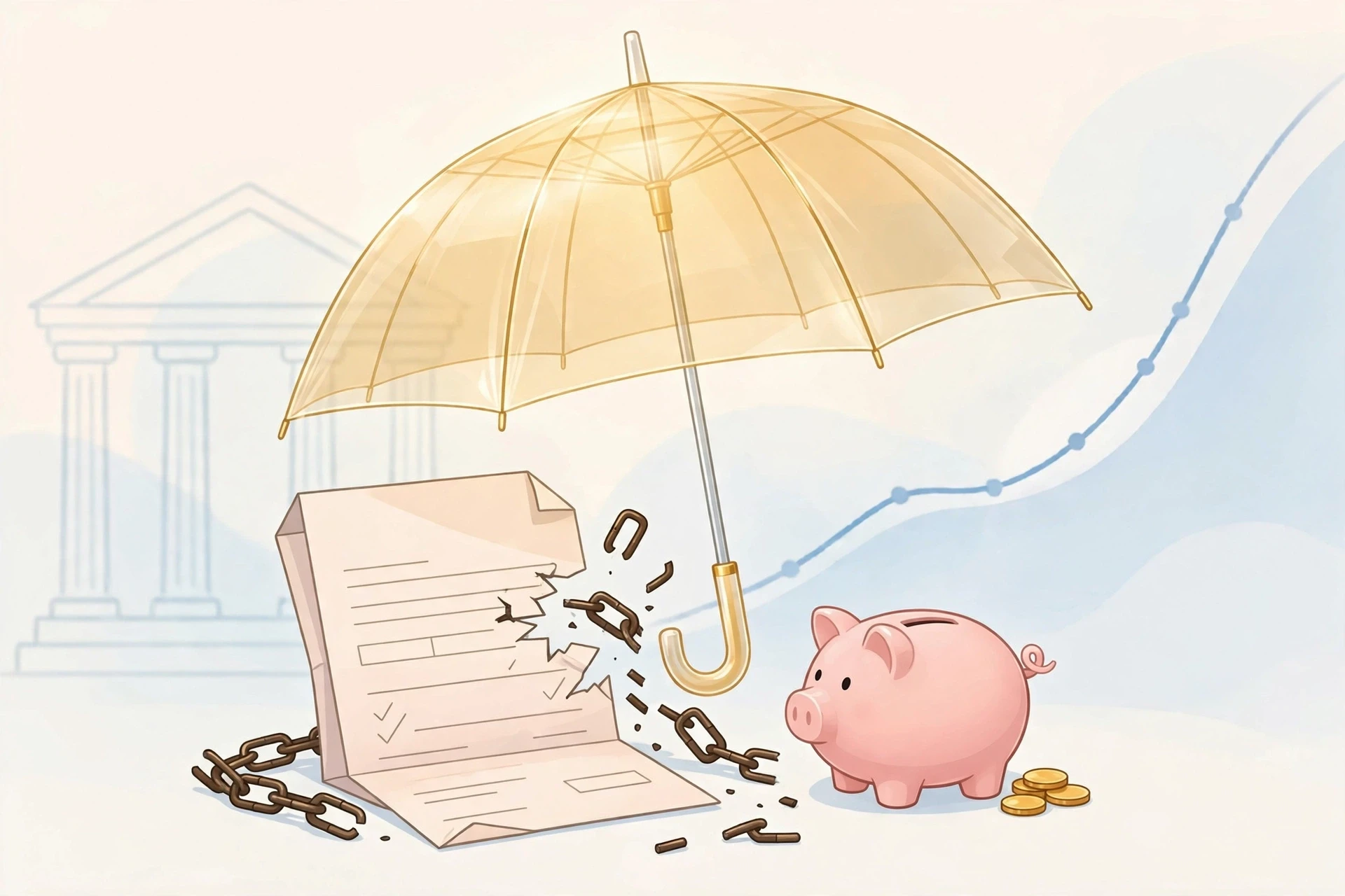 金色保护伞庇护金融理财合同与储蓄罐，合同上的断链象征无效格式条款，概念插画