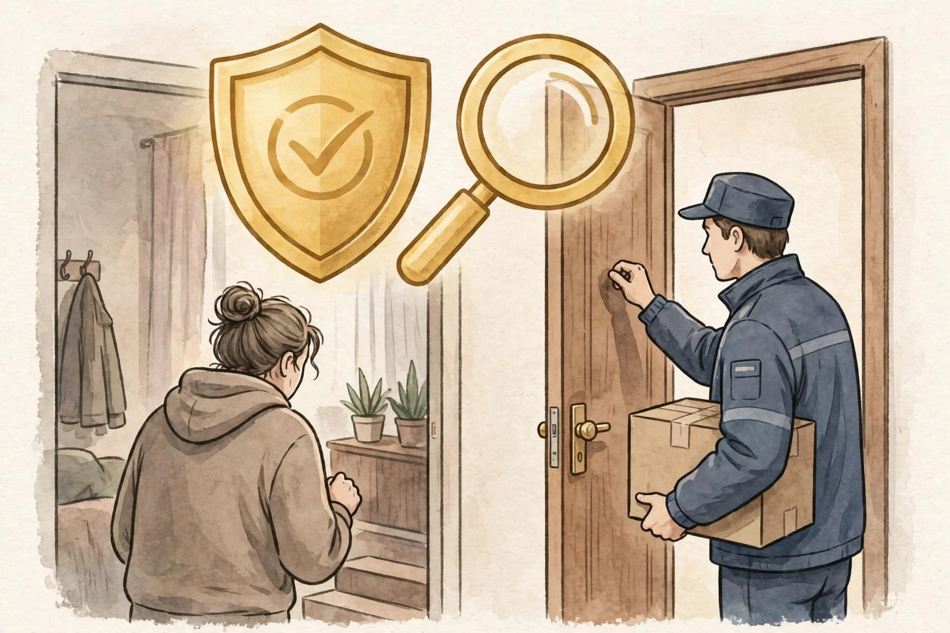 快递员在住户门口敲门问询，住户在门内，金色盾牌与放大镜象征消费者权益保护，概念插画